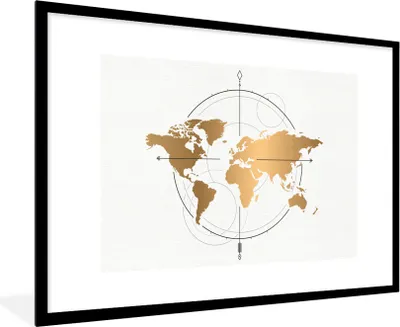 Produktbild von MuchoWow® Gerahmtes Poster Weltkarte - Gold - Kompass - Kinder - Jungen - Mädchen 90x60 cm - Poster mit Schwarzem Bilderrahmen Wandposter Rahmen Foto Bilder - Wanddekoration - Fotos
