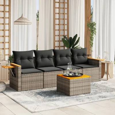 Produktbild von Design 5-tlg. Garten-Sofagarnitur mit Kissen Grau Poly Rattan, Gartenmöbel-Sets 2024 Neu