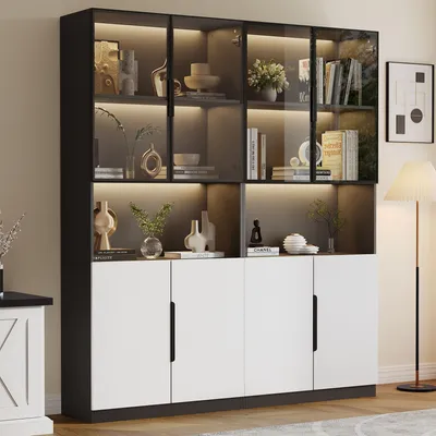 Produktbild von MODFU Highboard mit Glastüren Beistellschrank Vitrine mit LED-Beleuchtung Bücherregal Weiße Türen mit schwarzer Dekoration 30x160x200cm