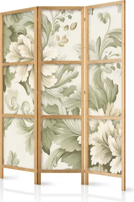 Produktbild von 3-teiliger Einseitiger Vlies Japanischer Paravent - Retro Vintage Flowers in Delicate Cream and Green Colors. 135x172 cm Blumen f-H-10015-bh-a
