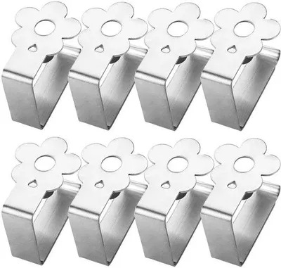 Productafbeelding van Ibenzoa® Tafelklemmers set (8) – Roestvrij staal 430, bloemenmotief, 6,5 x 5 cm, geschikt voor tafelbladen van 2,5–3,5 cm dik, voor binnen- en buitengebruik