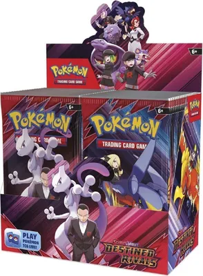 A display box of Pokemon trading card game booster packs, featuring artwork of Pokemon characters and trainers.