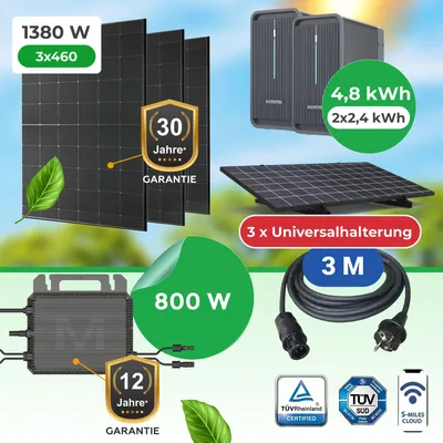 Produktbild von Balkonkraftwerk 1380W mit 4,48kWh Speicher B2500D + 3x460W Bifazial Glas-Glas + Marstek M2-800 Komplettset inkl. Universalhalterung, App, WiFi