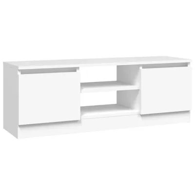 A white TV stand with two doors and two open shelves in the middle, shown against a white background.