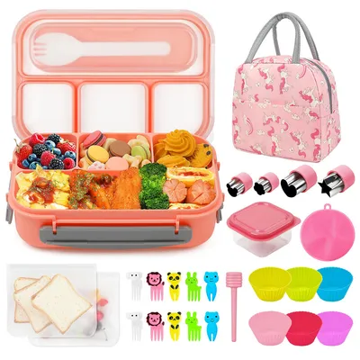 Produktbild von Bento Box, 1300ml, 4-Fächer Lunchbox, geeignet für Erwachsene/Kinder/Kleinkinder, wiederverwendbarer Backbecher, spülmaschinenwaschbar