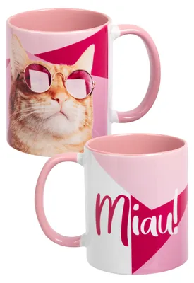 Produktbild von Katzen Tasse - Miau! - Katze Kaffeetasse Becher Kaffeebecher aus Keramik Rosa Weiß 320 ml