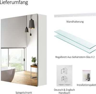 Produktbild von EMKE Spiegelschränke, 50x65cm Bad Spiegelschrank Badschrank mit Doppelseitiger Spiegel (Weiß)
