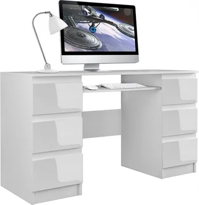 Produktbild von Schreibtisch, weiß, Hochglanz laminierte Spanplatte, 140x51x76 cm (BxTxH) – 6 geräumige Schubladen, ausziehbare Tastaturablage, grifflose Fronten, Laptop-tauglich, modernes Design, einfache Montage
