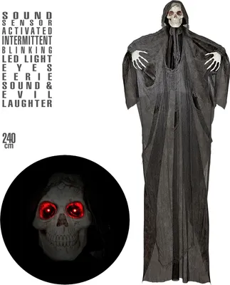 Obrázok produktu pre Smrťák s pulzujúcimi blikajúcimi LED očami + strašidelné zvuky + smiech 240 cm dekorácia Halloween