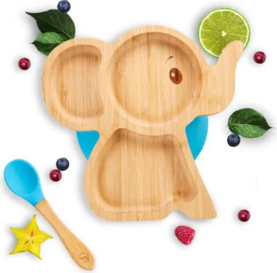 Productafbeelding van Kleine Fuchs bamboe bord voor kinderen, inclusief lepel - met zuignap - met olifantmotief