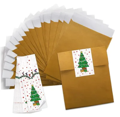 Produktbild von Logbuch-Verlag 10 kleine goldene Mini Papiertüten 13 x 18 cm + 25 Weihnachtsaufkleber grün weiß rot Weihnachtsbaum - Verpackung Papiertütchen Schmuckbeutel Weihnachten Give-Away Geld13 x 18 cm / 25 Stück