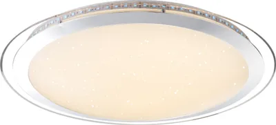 Produktbild von Globo Lighting Deckenleuchte Metall weiß, verchromt, Acryl opal sparkle, klar, dimmbar, mehrere Stufen über Wandschalter, Farbwechsler, Farben fixierbar, RGB Farbwechsler, RGB Farben fixierbar, Memoryfunktion, Nachtlicht, Fernbedienung, Batterie inkludiert 2x AAA, ø: 550mm, H: 100mm, inkl. LED 60W 230V, 187-6680lm Source, 95-3757lm Output, CCT 3000-6000K, inkl. RGB LED 7W 230V, Bunt