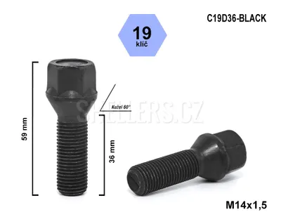 Obrázek produktu pro Kolový šroub M14x1,5x36 kužel, klíč 19, C19D36-BLACK, výška 59 mm, černý