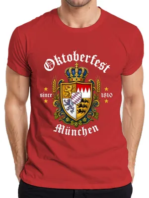 Obrázek produktu pro Mnichov 1810, erb Bavorska, "Wiesn" (přezdívka pro ), koruna, tradiční kožené kalhoty, lev, pánské tričko, červené, velikost XL