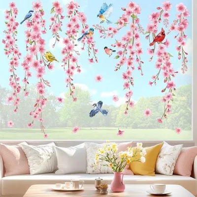 Image de Décoration de fenêtre avec des fleurs de cerisier, des oiseaux et des vrilles de vigne