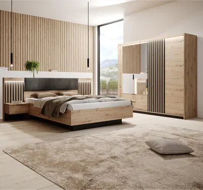 Produktbild von Schlafzimmer-Set 4-teilig mit Bett 160x200 cm, 2 Nachttische & Kleiderschrank inkl. Beleuchtung, in Eiche mit Anthrazit, Lamellen - TALCA-167