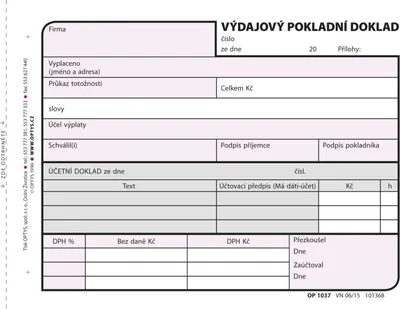 Obrázek produktu pro Tiskopis Výdajový pokladní doklad pro podvojné účetnictví Optys, A6, 100 listů