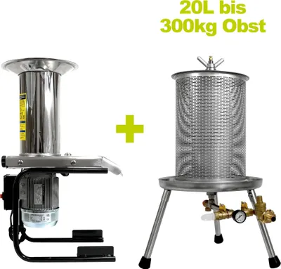 Produktbild von SETANGEBOT Obsmühle Obstpresse 20L, Hydropresse + Obsthäcksler Fruit Shark 500kg