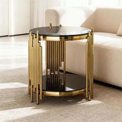 Produktbild von STILVORA Beistelltisch rund mit Glasplatte in Schwarz und Gold, Couchtisch mit Edelstahlbeinen und Luxus-Design, Sofatisch mit robuster Glasplatte für Wohnzimmer und Büro