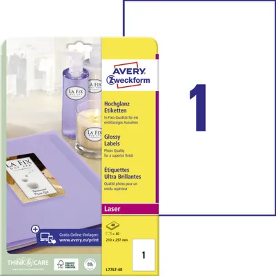 Produktbild von Avery Zweckform L7767-40 Hochglanz-Etiketten, A4, 210 x 297 mm, 40 Bogen/40 Etiketten, weiß
