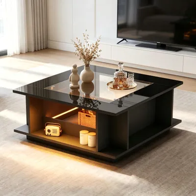 Produktbild von STILVORA Couchtisch quadratisch mit Glasplatte und LED-Beleuchtung, Beistelltisch Hochglanzoberfläche, Wohnzimmertisch Schwarz bis 30 kg