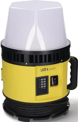A yellow and black LED work light with a coiled power cord at its base.