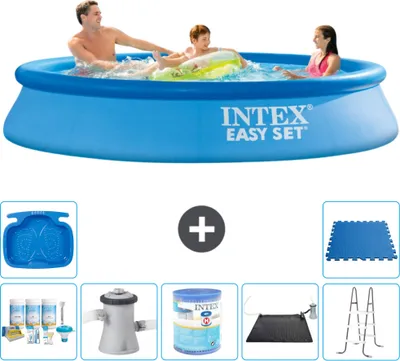 Produktbild von Intex runder aufblasbarer Easy Set-Pool – 305 x 61 cm – Blau – im Lieferumfang enthalten Wartungspaket - Filterpumpe für Schwimmbad - Filter - Solarmatte - Leiter - Fußbad