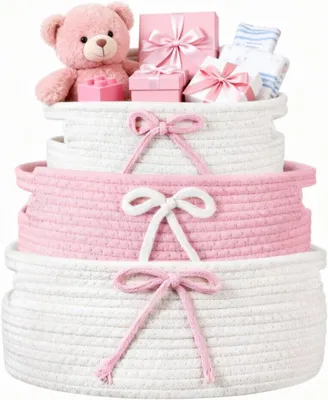 Image de Paniers de rangement, 3 pièces, rose et blanc, tressés, avec poignées, pour le linge
