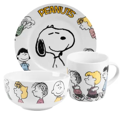 Produktbild von The Peanuts Frühstücksset Snoopy - Family - Geschirr Set 3-teilig Teller, Schale & Tasse aus Porzellan Weiß