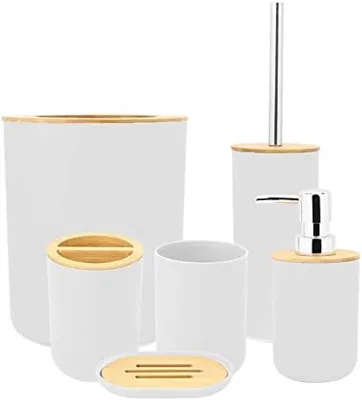 Produktbild von PolkaHome® 6-teiliges Badezimmer-Set – Badaccessoires mit Bambusdetails, Seifenspender, Zahnbürstenhalter, Kosmetikeimer, 31 x 7 cm, Weiß