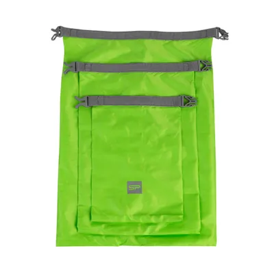 Three neon green dry bags of different sizes are stacked on top of each other against a white background.