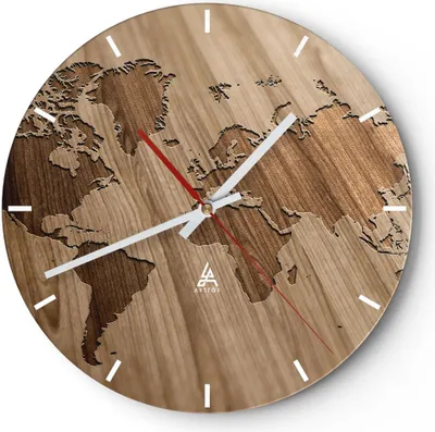 Produktbild von Wanduhr - Rund - Glasuhr - Geographie Globus Karte - 40x40cm - Schleichendes Uhrwerk - Lautlos - zum Aufhängen bereit - Dekoration Modern - Wanddekoration aus Glas - C3AR40x40-3042