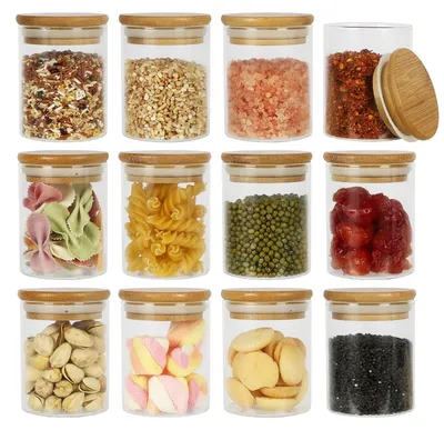 Image de Solidchoice - Lot de 12 pots en verre de 200 ml avec couvercles en bambou