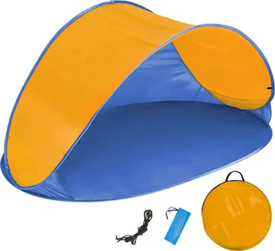 Produktbild von Tectake, Strandmuschel, Pop-Up, Jasmin, 220 x 120 x 100 cm, blau/orange, Polyester-Fiberglas-Gestänge, Sonnen-, Wind- und Sichtschutz für Strand, See oder Garten, 2 Ablagefächer, leicht zu reinigen