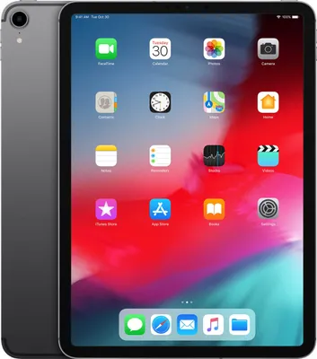 A gray Apple iPad Pro is shown from the front and side, displaying its home screen with various app icons. The background is a gradient of red and blue.