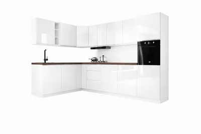 Produktbild von Winkelküche 320x200 cm Eckküche Küchenblock Einbauküche ohne Arbeitsplatte, Aspen KA24-M320, Weiß/Hochglanz
