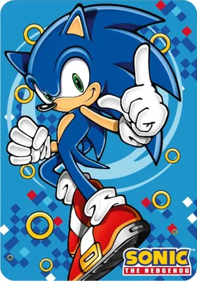 Sonic the Hedgehog character in a dynamic pose with golden rings and a checkered background.