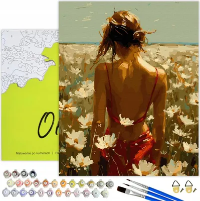 Produktbild von Malen nach Zahlen Frau im Blumenfeld 40x50 cm - Leinwand mit Holzrahmen, Acrylfarben, 3 Pinseln & Zubehör - DIY Set für Erwachsene und Kinder