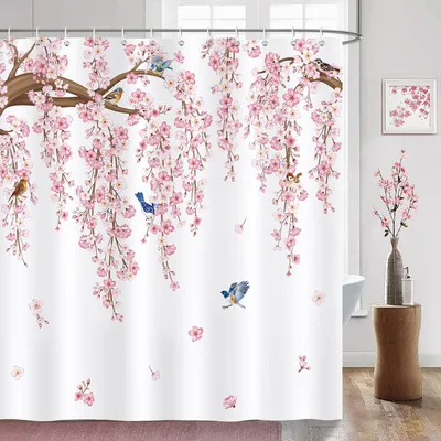 Produktbild von Duschvorhang Polyester, 182x182 cm, Kirschenblütenmuster, für das Badezimmer