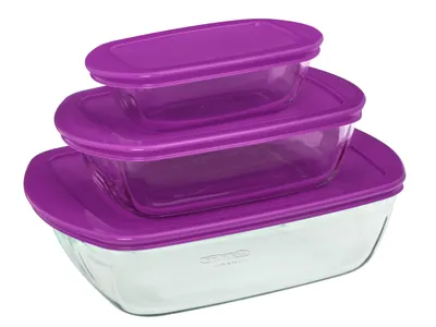 Productafbeelding van Pyrex Cook&Store set van voorraadpotten, kom met deksel, en ovenschaal, gemaakt van borosilicaatglas