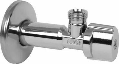 A chrome-plated angle valve with a handle and threaded outlet, shown against a white background.