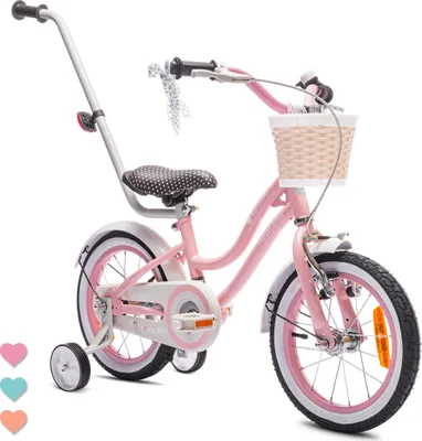 Image de Bicyclette pour fille 14 pouces 3-5 ans vélo avec roues d'entrainement poussoir cloche panier Heart Bike rose poudré