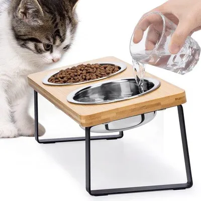 Produktbild von Kippenschuine für Haustiere, 15-Grad-Winkel, Holzstand, 2 Edelstahlbäuche.