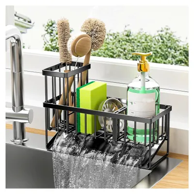 Produktbild von Spülbecken Organizer Küchen Schwammhalter - Selbstentleerender Spüle Organizer mit Bürstenhalter und Handtuchhalter, Edelstahl Spülmittel Organizer für die küche aufbewahrung organisation