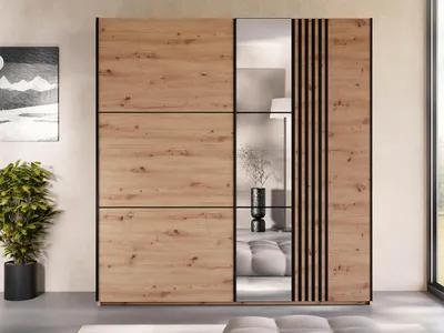 Obrázok produktu pre Šatníková skriňa s posuvnými dverami 203 cm HOLFA - dub wotan / čierna