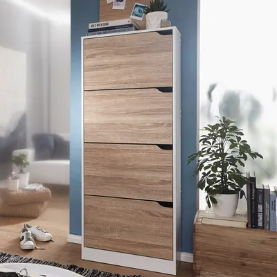 Produktbild von FineBuy Schuhkipper mit 4 Fächern für 24 Paar Schuhe Moderner Schuhschrank in Sonoma Weiß Schuhkommode 60 x 24 x 150 cm