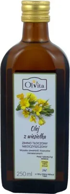 A bottle of Olvita Nachtkerzenöl (Evening Primrose Oil) with a label showing flowers.