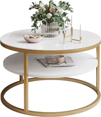 Produktbild von Runder Couchtisch CIRI SLIM GLASS mit Ablage, Gold Matt / Weißes Glass