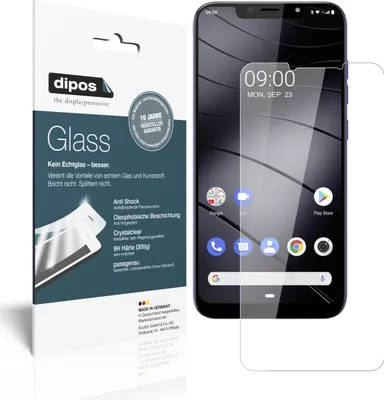 A product package for a screen protector is shown next to a smartphone with the screen protector applied.