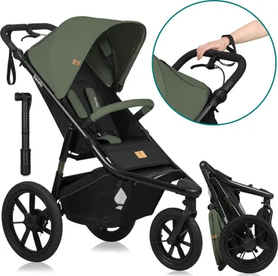 A collage of images showing a green and black jogging stroller, a close-up of the handle, and a folded stroller.